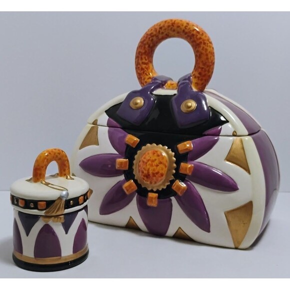 DAVIDS COOKIES PURPLE PASSION HANDBAG CERAMIC COOKIE JAR W MATICHING TREAT JAR - Picture 1 of 10